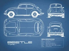 Poster - Vintage VW Beetle Blueprint, Retro Modern Patent, 4 Sizes