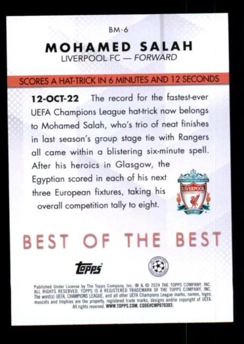 2023-24 Topps UEFA Club Competitions Best of the Best #BM6 Mohamed Salah. - Image 2 of 2