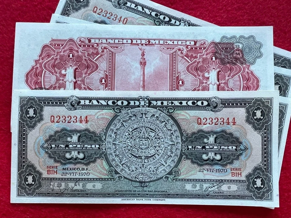 Lote de 5 Billetes de México Consecutivos 1 Peso Calendario Azteca SERIE BDY PREFIJO G Foto 4 de 4