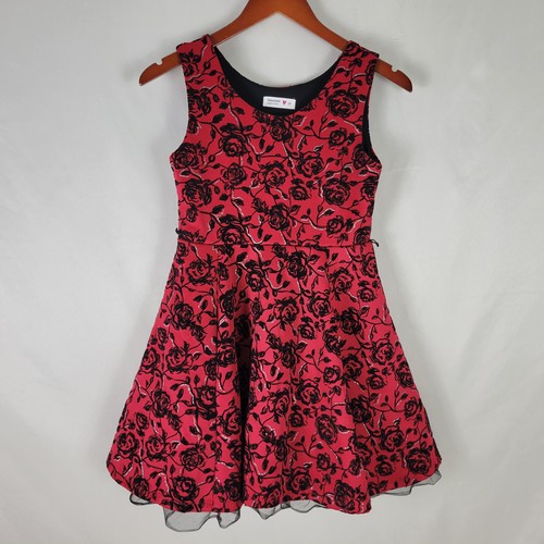 Beautees Dress Girls 12 Red Velvet Fit & Flare Floral Rose Sleeveless Lined