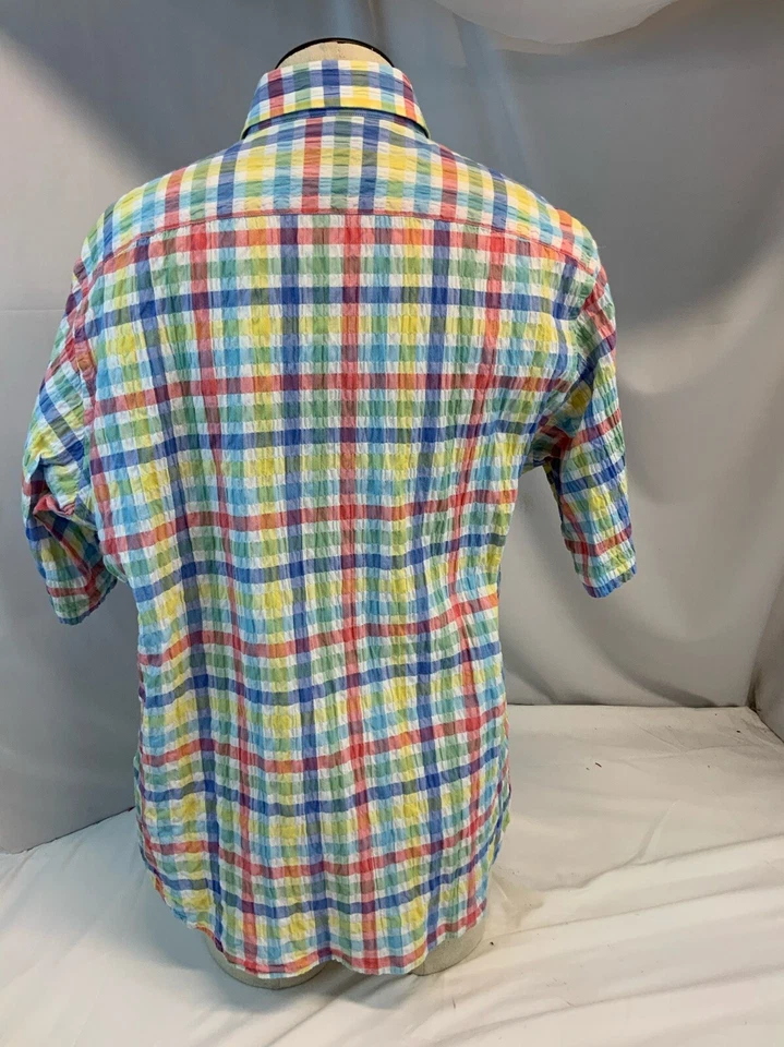 Camisa masculina Tailorbyrd Seersucker SS botão L azul amarela vermelha algodão YGI H1-24 - Imagem 4 de 4