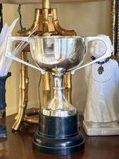 Vintage Silver Plated Double Handles Large Trophy Cup With Black Base Pedestal