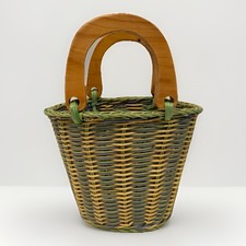 Ant/Vtg Handwoven Purse Basket Blonde Wood Handle Green  Natural Wicker Cottage