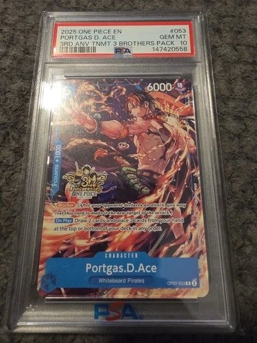 One Piece Portgas D. Ace 3rd Anniversary 3 Brothers Winner Promo OP07-053 PSA 10