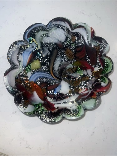 Vintage Murano Scalloped Tutti Frutti Black Base Art Glass Bowl Ashtray