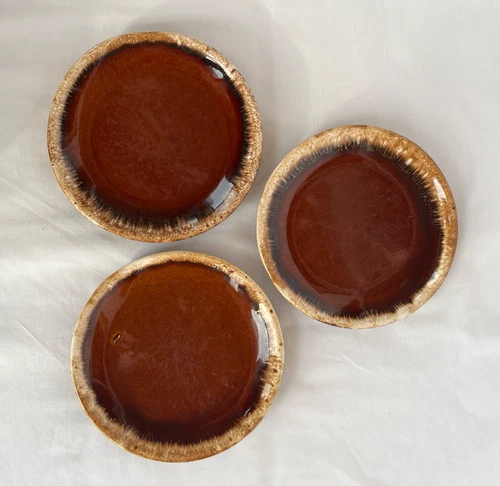 Set of 3 Vintage Hull Pottery Brown Drip Glaze Oven-Proof Plates • Mid-Century