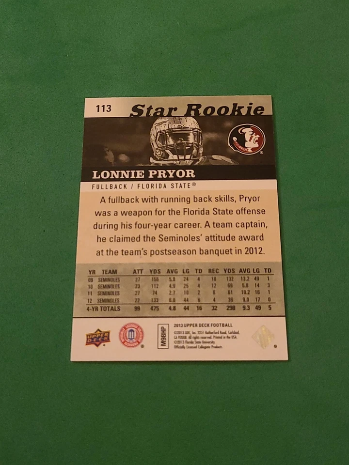 2013 Lonnie Pryor Upper Deck #113 Star Rookie Rc  - Image 2 of 2
