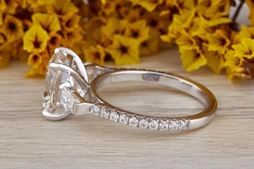 2.20Ct Cushion Cut Real Moissanite 14k White Gold Plated 925 Engagement Ring - Picture 3 of 4