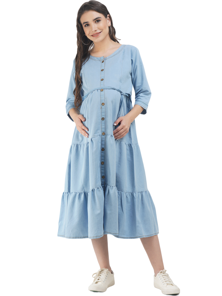 Denim Maternity Full Frock Layered with Gold Button & Feeding Pockets