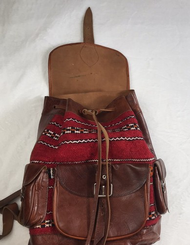 Handcrafted Moroccan Leather Bag Backpack Boho Chic Kilim Carpet Rug - Picture 16 of 16