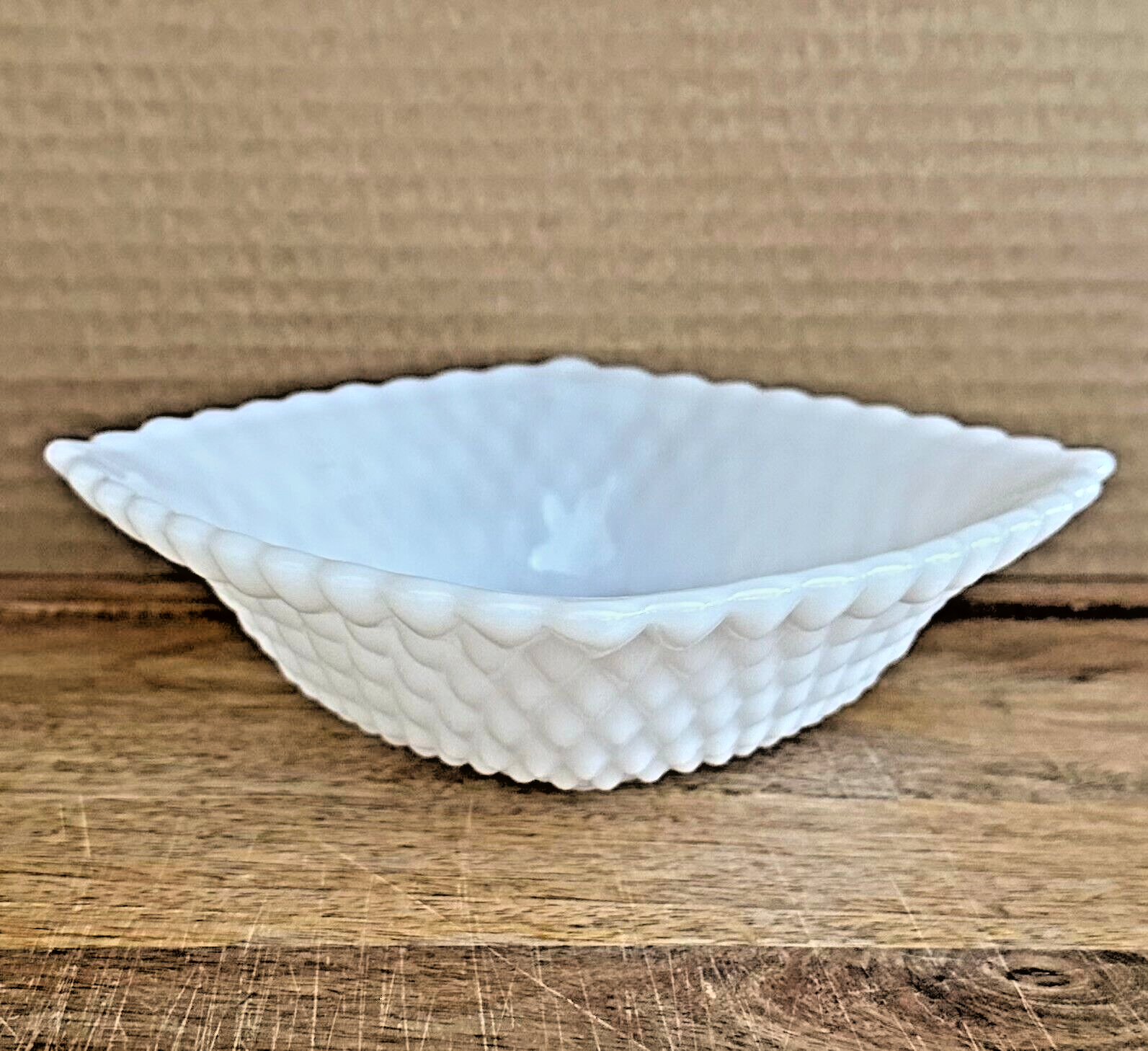 Vintage Milk Glass Anchor Hocking Square Snack Dish Diamond Hobnail Design