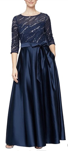 Abito da ballo Alex Evenings donna raso con tasche argento blu navy taglia 14 - Foto 4 di 4