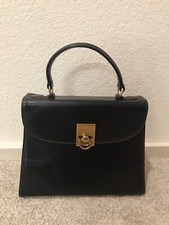 Authentic Gold Pfeil Vintage Black Leather Satchel Hand Bag Purse