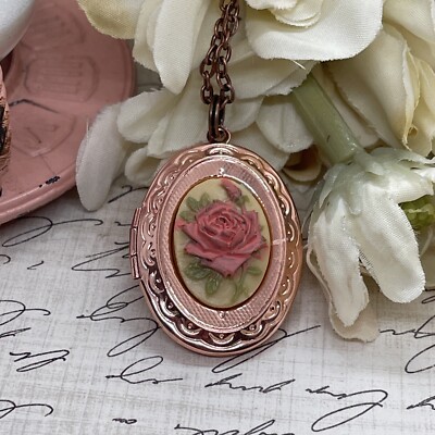 Dainty Rose Gold Locket Cameo Mauve Cream Wedding Jewelry Gift Birthday Necklace