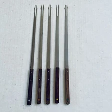 Set Of 5 Fondue Forks WF Stainless Japan Wooden 2 Prong Wood Handles Mid Century