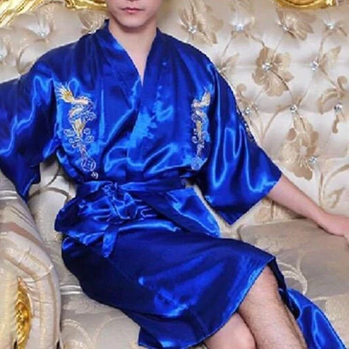 Mens Satin Chinese Dragon Kimono-Silk Bathrobe Pajamas Sleepwear Gown Bath Robe - Imagen 39 de 49