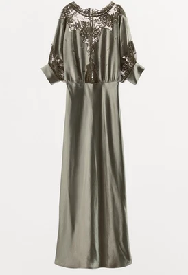 ZARA WOMAN MIDI BOAT NECK SATIN LACE DRESS GREY GREEN 1758/663/916 NEW