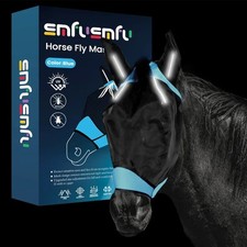 Horse Equine Fly Mask Eye Ear Protection Fine Mesh Blue Reflective Large New