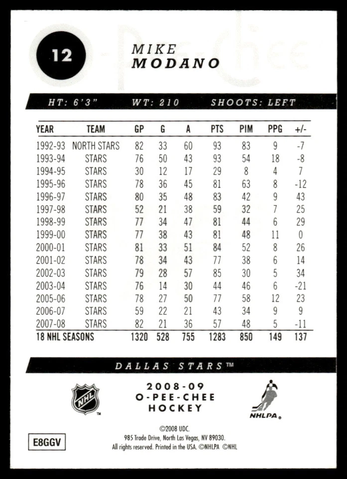 2008-09 O-Pee-Chee Gold Mike Modano Dallas Stars #12 - Image 2 of 2