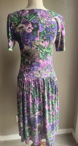 80s Vtg Grunge Dress Cotton Drop Waist Button Up Floral Cottagecore Purple Small - Bild 4 von 5