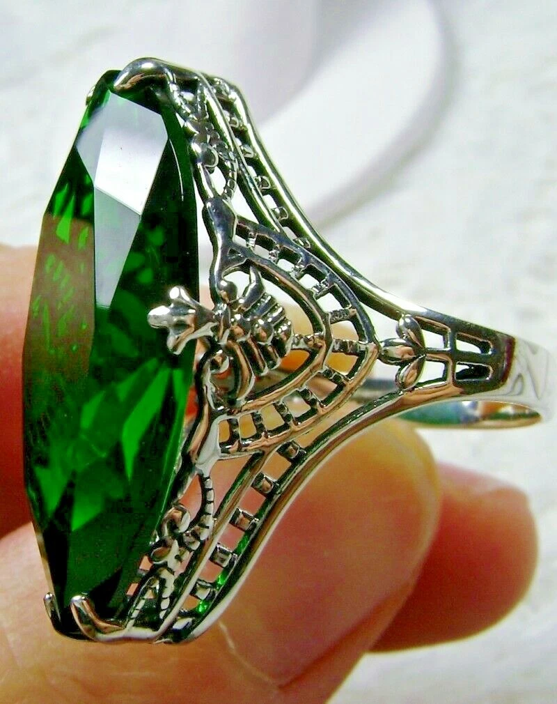 Simulated Emerald Ring Art Deco Marquise Filigree Sterling Silver Custom 75