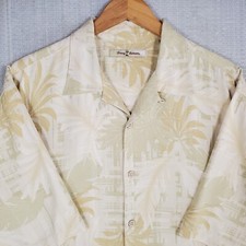 TOMMY BAHAMA Size XL Mens 100 Silk Camp Shirt Gold Fronds Woven Plaid Hawaiian