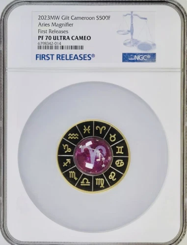 2023 Aries Magnifier Cameroon Colorized 17.5 g .999 Silver NGC PF70 Ultra Cameo