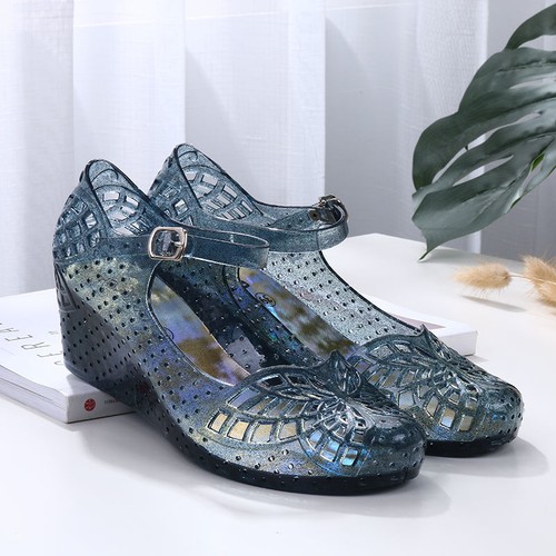 Women Slip on Crystal Wedge Jelly Shoes Womens Summer Beach Sandals Hollow Out - Picture 21 of 21
