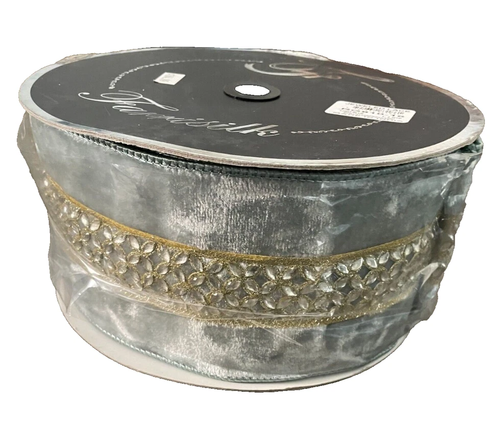 Farrisilk Velvet light blue designer Ribbon gold jeweled lace 4x10 yd new- Rare - Image 2 of 4