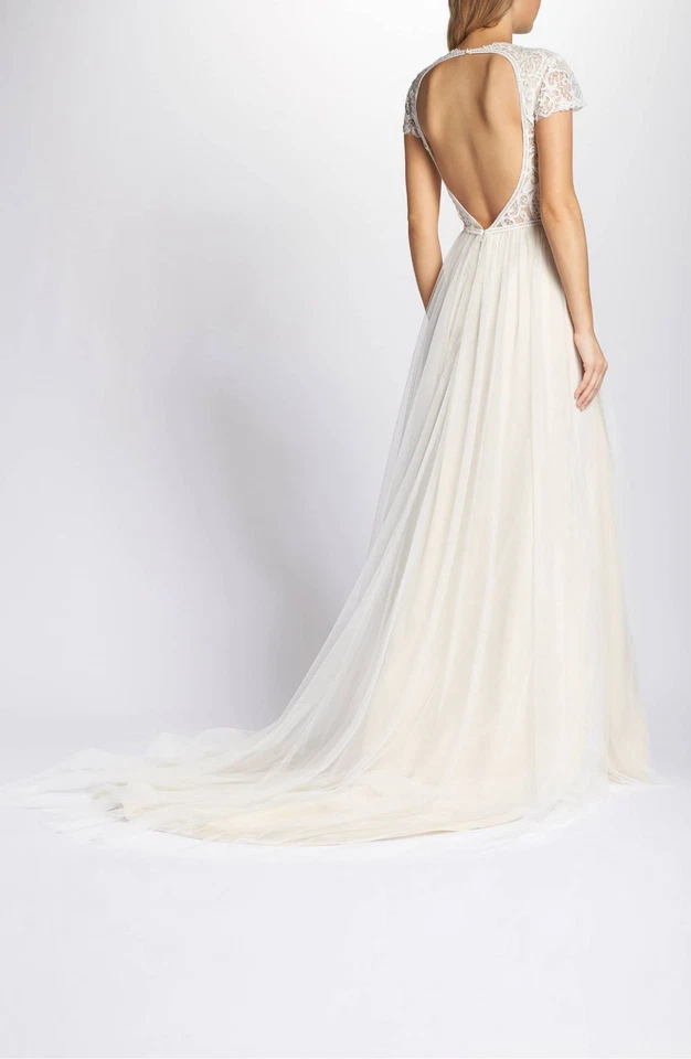 TI ADORA ALLISON WEBB 象牙色 蕾丝薄纱 露背 新娘 婚礼礼服 连衣裙 14 美国 — 第 2/4 张图片