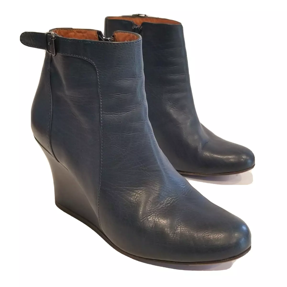 Lanvin Paris Wedge Ankle Booties Blue Leather High Heels Womens