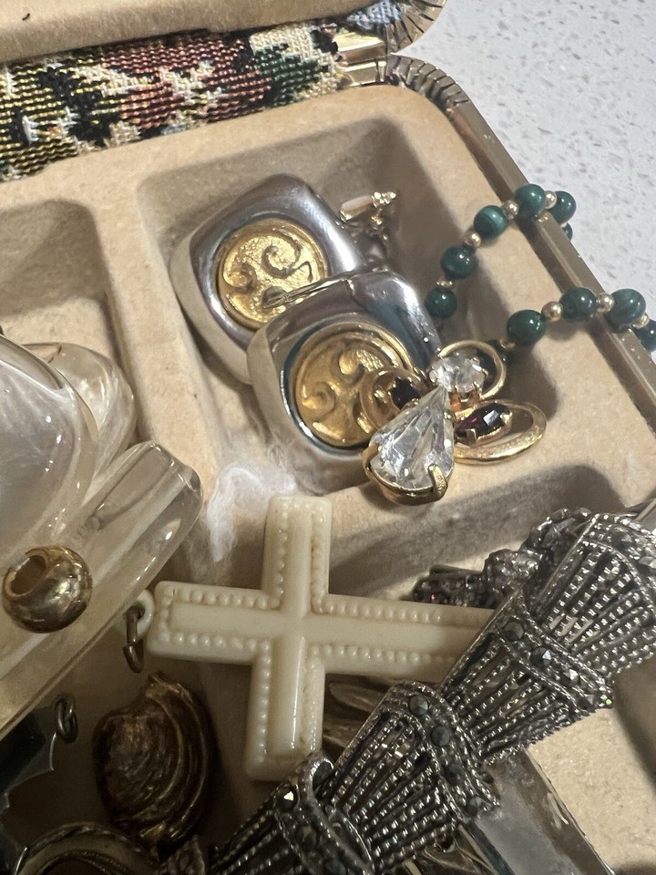 Vintage Tapestry Jewelry Box Filled Costume Jewelry Lot Mystery
