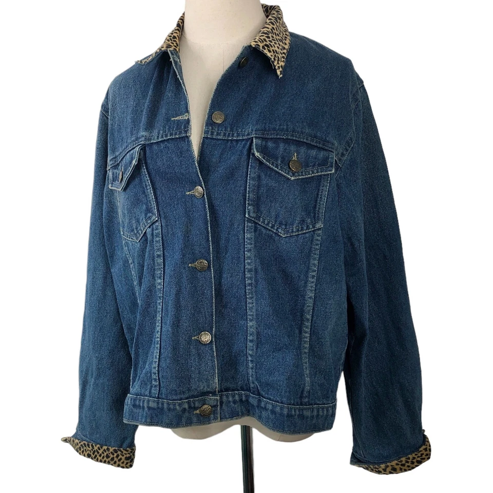 Shaver Lake Denim Jacket Womens Medium Leopard Cheetah Velvet Boho Patchwork - Image 2 of 4