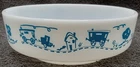 Pyrex Milk Glass Children's Bowl Blue Train Print on White 1 pt. Vintage 1416