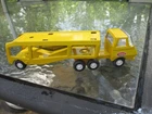 Vintage tiny Tonka  Toy Yellow Car Carrier Truck & Trailer  Pressed Steel Nice