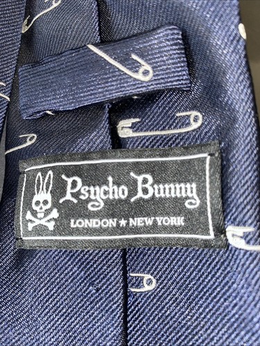 Psycho Bunny 100% Silk Hand Made Neck Tie Safety Pin All Over Print - Picture 2 of 3