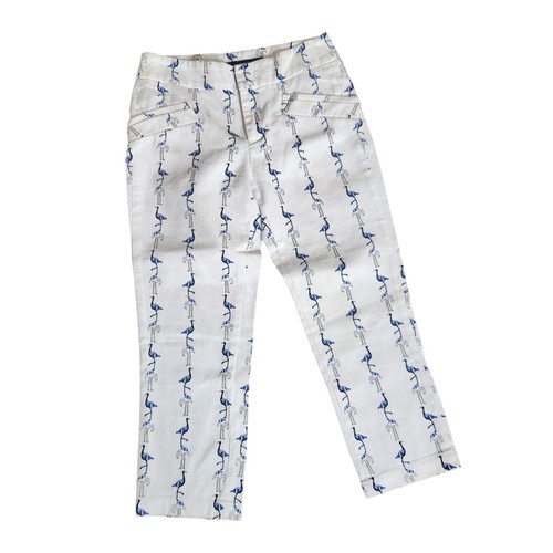 Zara Basic Capri Pants Size XS White Blue Gray Flamingos Twill Cotton Blend - Picture 1 of 8