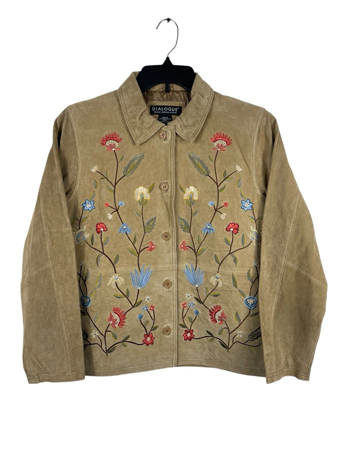 Dialogue 100% Leather Suede Jacket M Tan Embroidered Floral Boho Western 90s VTG
