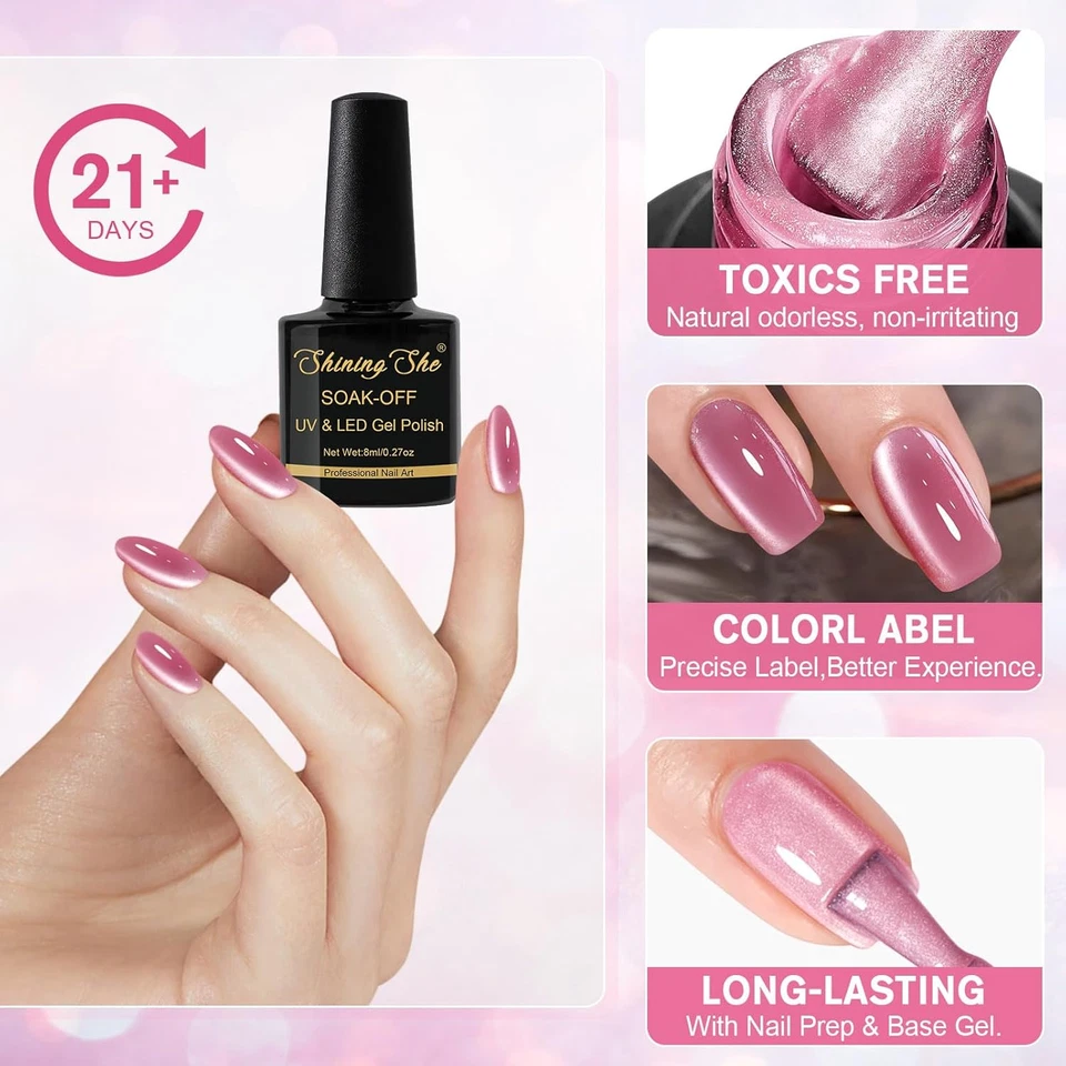 UV Nagellack Jelly Magnet CatEye 4 Farben Kristalle Rosa Lila Rot Set 8ML - Bild 3 von 4