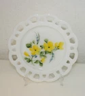 Vintage Anchor Hocking 8" Plate Open Lace Edge Milk Glass Yellow Floral Design