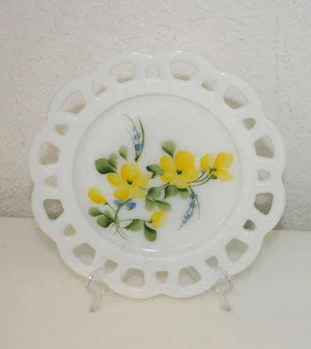 Vintage Anchor Hocking 8" Plate Open Lace Edge Milk Glass Yellow Floral Design