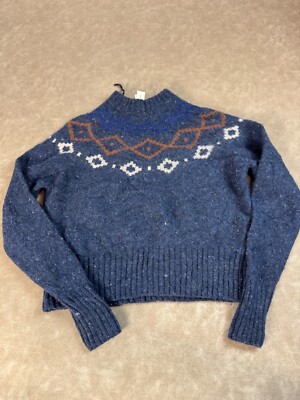 COS Women Fair Isle Scotland Mock Neck Long Sleeve Pullover Dark Blue  Sweater XS