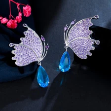 Women Luxury Silver Plated CZ Purple Butterfly Blue Drop Earrings Zircon Jewelry