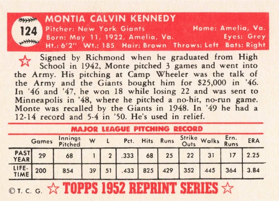 1983 Topps Baseball 1952 Reprint Monte Kennedy New York Giants #124 - Image 2 of 2