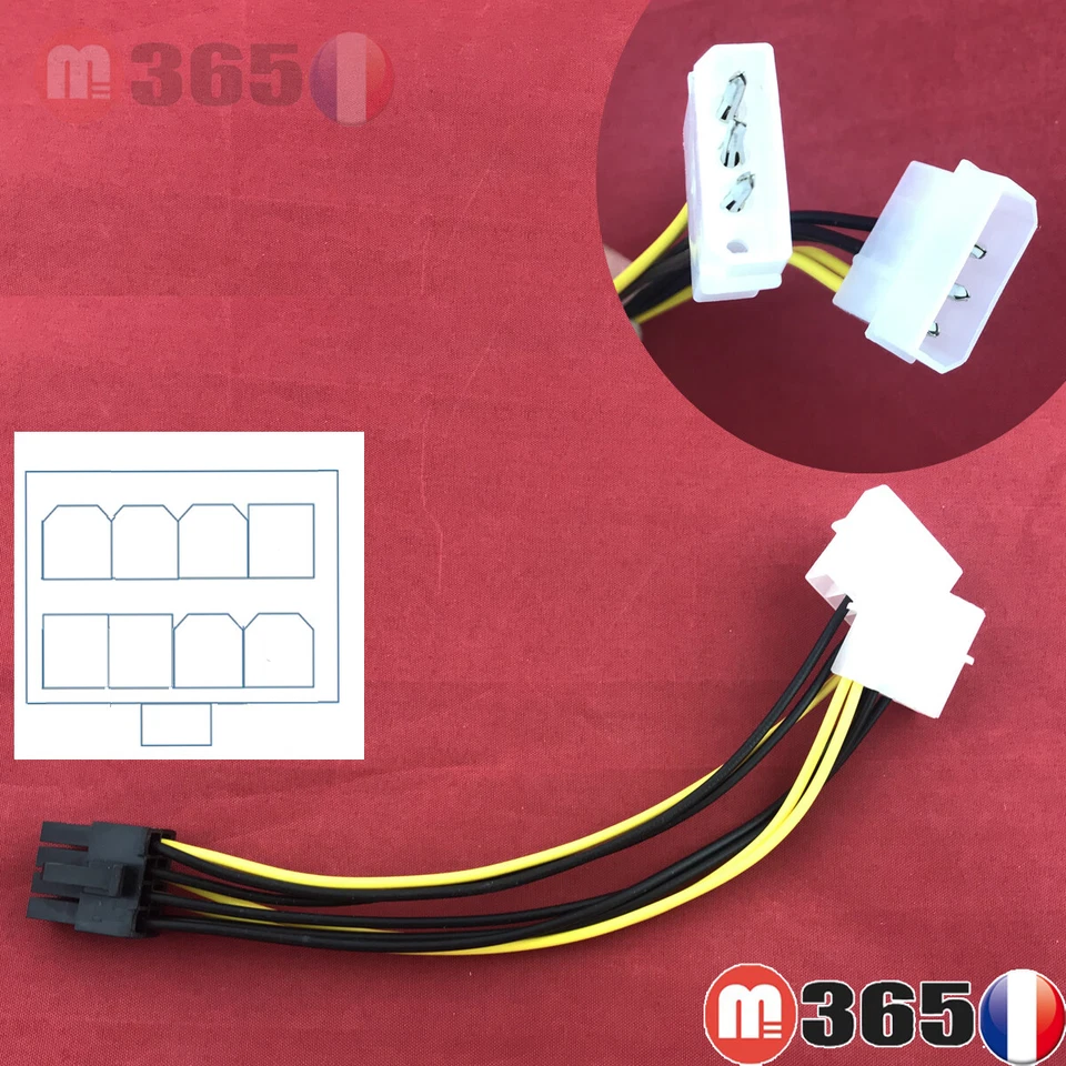Câble Adaptateur 2* MOLEX IDE - 8 pins alimentation carte graphique 8pin male