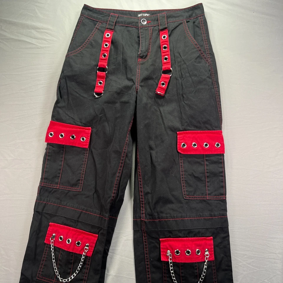 Hot Topic Pants Mens 30x32 Black Red Cargo Chains Goth Skater Cyberpunk Y2K - Image 2 of 4