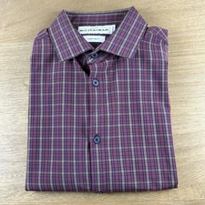 Mizzen + Main Mens L/S Button Up Shirt Plaid Check Large Trim Fit Performance