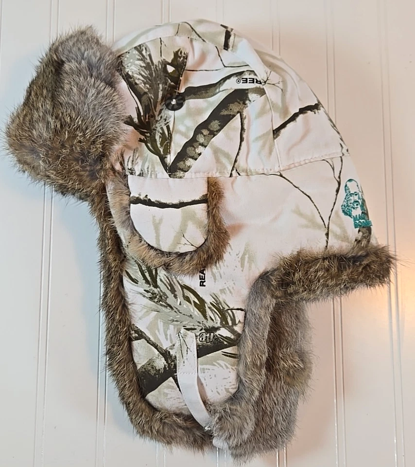 Realtree Mad Bomber Hat Trapper Cap White Camo Rabbit Fur Lined Ear Flap Large - Image 2 of 4