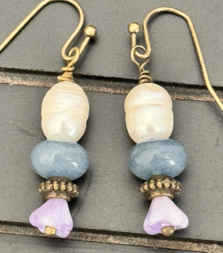 Beautiful Etched Bronze with Blue Jade, Pearl and Lavender Dangle Earrings. - Image 2 of 4