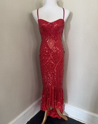 MANDALAY Red Sequined Maxi Dress Formal Gown Evening Party Sweetheart Neck Sz 6